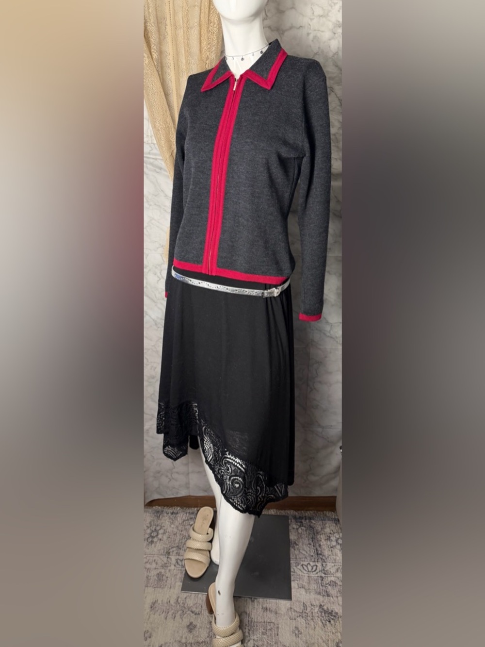 J.Crew 100% Merino Wool Zip Cardigan Sweater Gray Red Trim Collared Size Small